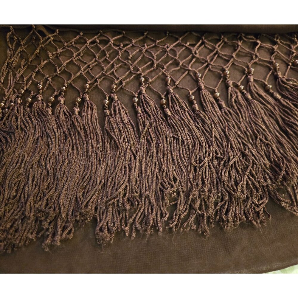 Sheer brown polyester scarf with Fringe. - Picture 3 of 3